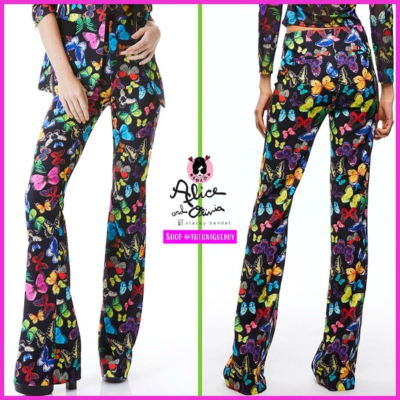 Alice + Olivia Teeny Butterfly Multicolored Fit And Flare Bootcut Pant - Picture 1 of 17